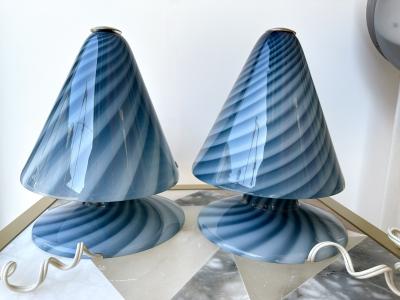 La Murrina Pair of Blue Spiral Murano Glass Lamps by La Murrina Italy 1970s