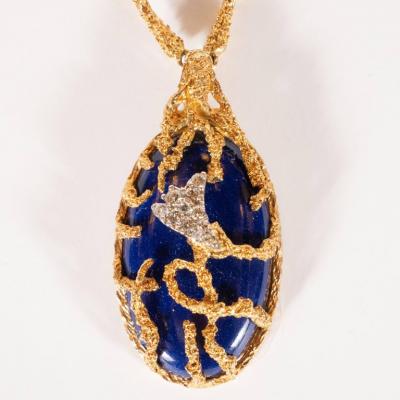 La Triomphe La Triomphe Tear Drop Lapis Round Brilliant Diamond 18k Yellow Gold Pendant