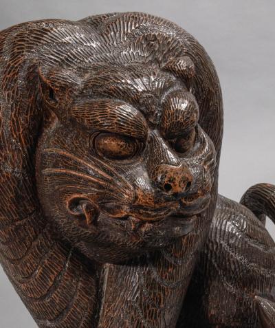 Lacquered Keyaki Wood Figure of a Seated Tiger