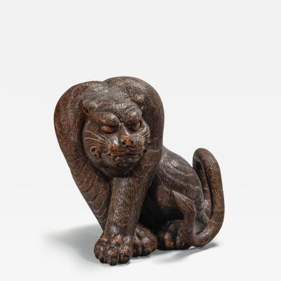 Lacquered Keyaki Wood Figure of a Seated Tiger