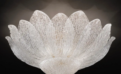 Lalique 2 Murano or Venetian Dew Glass Floral Form Flush Mount Chandeliers Lalique