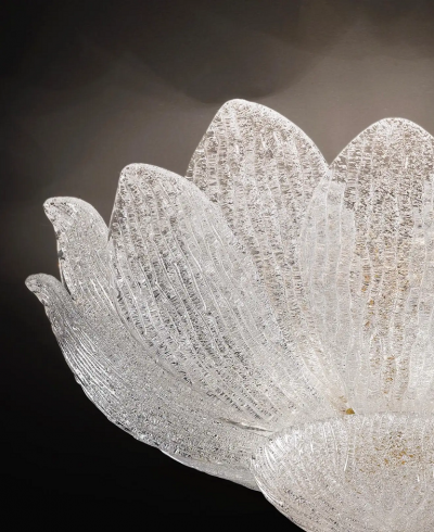 Lalique 2 Murano or Venetian Dew Glass Floral Form Flush Mount Chandeliers Lalique