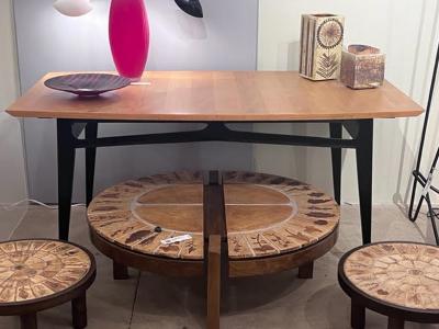 Laminated beech top and black lacquered wood base with brass tipped legs 