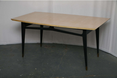 Laminated beech top and black lacquered wood base with brass tipped legs 