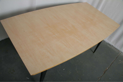 Laminated beech top and black lacquered wood base with brass tipped legs 