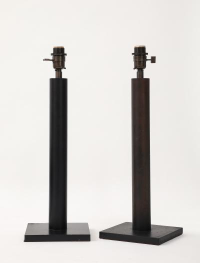 Lance Thompson Lance Thompson Bronze Patina Custom Made Metal Column Lamps Custom Silk Shade