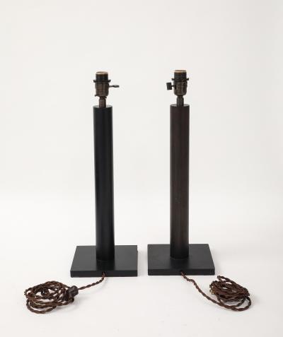 Lance Thompson Lance Thompson Bronze Patina Custom Made Metal Column Lamps Custom Silk Shade