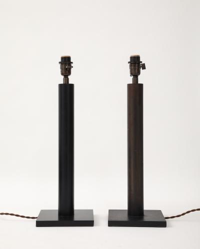 Lance Thompson Lance Thompson Bronze Patina Custom Made Metal Column Lamps Custom Silk Shade