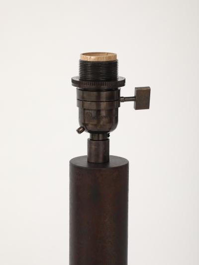Lance Thompson Lance Thompson Bronze Patina Custom Made Metal Column Lamps Custom Silk Shade
