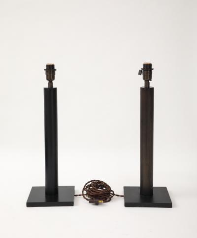 Lance Thompson Lance Thompson Bronze Patina Custom Made Metal Column Lamps Custom Silk Shade