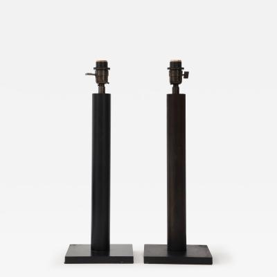 Lance Thompson Lance Thompson Bronze Patina Custom Made Metal Column Lamps Custom Silk Shade
