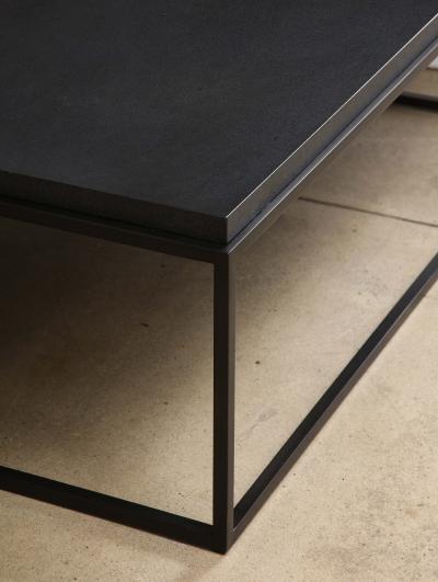 Lance Thompson Made to Order Recessed Textured Thick Stone Top Coffee Table with Metal Base