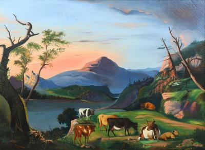 Landscape View of Cows and Majestic Mountains