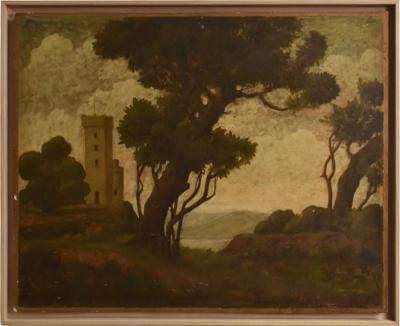 Landscape with ruins painting 1960s 