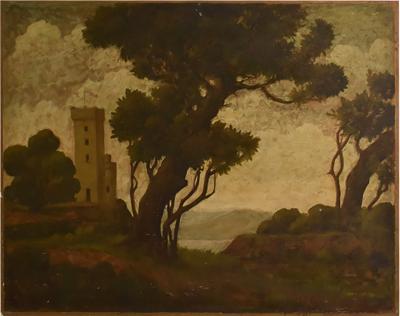 Landscape with ruins painting 1960s 