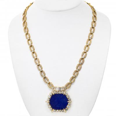 Lapis 18K Yellow Gold 1970s Diamond Lapis Diamond Chain Necklace