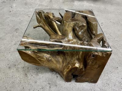 Laquered Teak Root Coffee Side Table With Safety Glass Plate Indonesia 2022