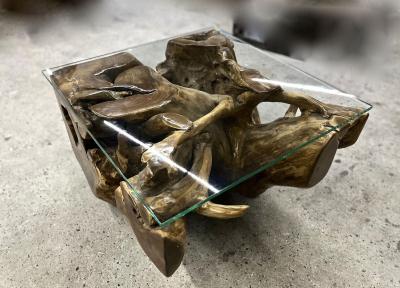 Laquered Teak Root Coffee Side Table With Safety Glass Plate Indonesia 2022