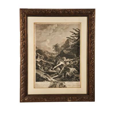 Large 18th Century Engraving of the New World Alligator Hunt 