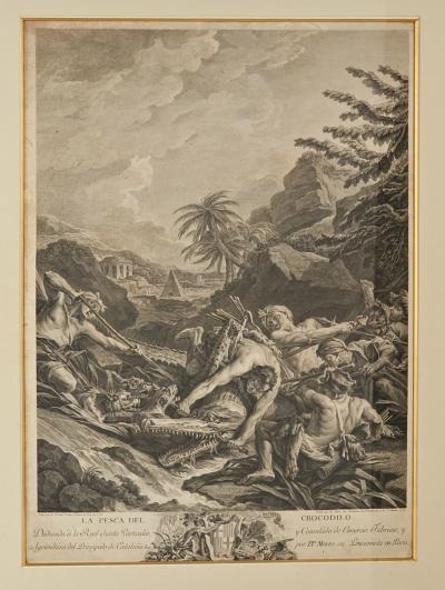 Large 18th Century Engraving of the New World Alligator Hunt 