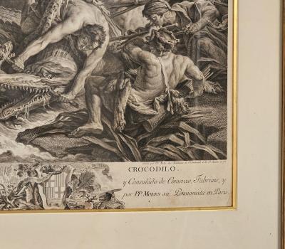 Large 18th Century Engraving of the New World Alligator Hunt 