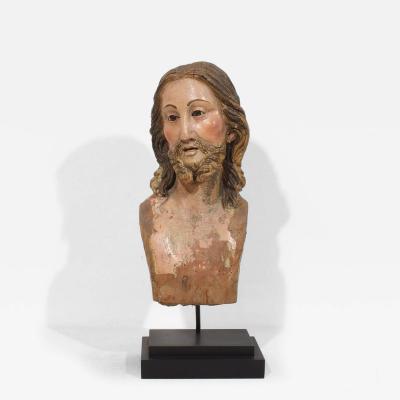 Large 18th Century Italian Neapolitan Hand Carved Wooden Head of Christ