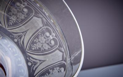 Large 1920s Glass Pillar with Delicate Floral Engravings