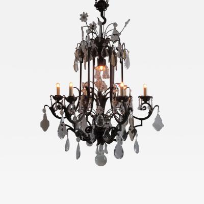 Large 1940s painted iron and glass chandelier France