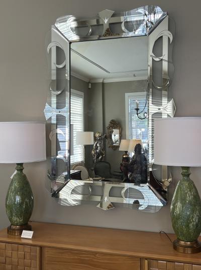 Large 1950s Hollywood Regency Mirror with Etched and Mirrored Glass Frame