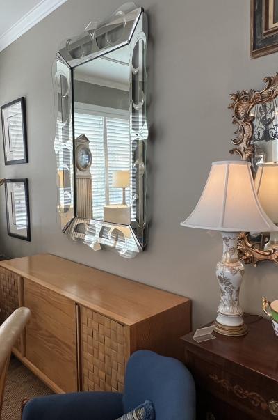 Large 1950s Hollywood Regency Mirror with Etched and Mirrored Glass Frame