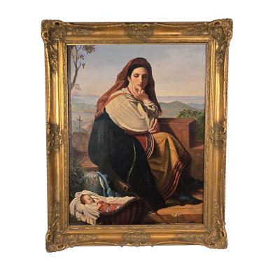 Large 19th Century Continental Painting of Mother Child