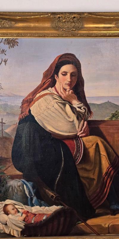 Large 19th Century Continental Painting of Mother Child