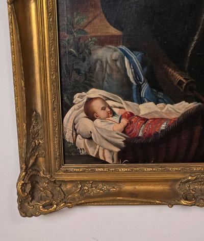 Large 19th Century Continental Painting of Mother Child