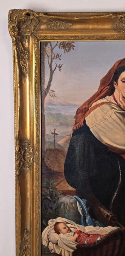 Large 19th Century Continental Painting of Mother Child