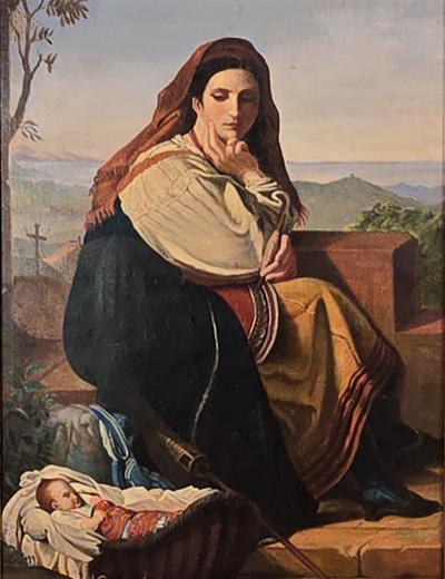 Large 19th Century Continental Painting of Mother Child