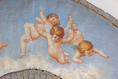 Large 19th Century French Decorative Fan with Chubby Angels on Blue Sky