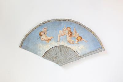 Large 19th Century French Decorative Fan with Chubby Angels on Blue Sky