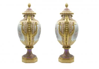 Large 19th Century Gilt Painted Porcelain Pair Urn