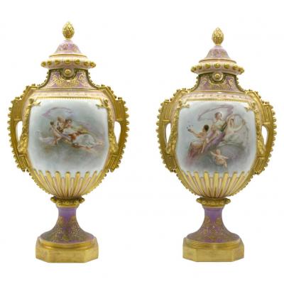 Large 19th Century Gilt Painted Porcelain Pair Urn
