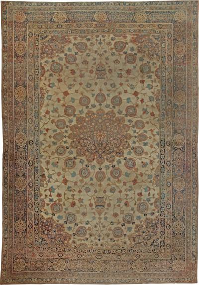 Large 19th Century Persian Tabriz Ivory Blue Gold and Green Handmade Wool Rug