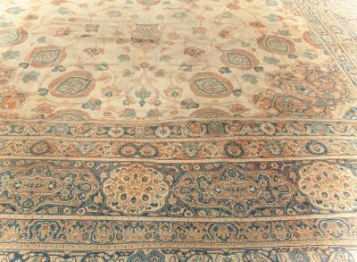 Large 19th Century Persian Tabriz Ivory Blue Gold and Green Handmade Wool Rug