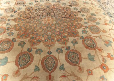 Large 19th Century Persian Tabriz Ivory Blue Gold and Green Handmade Wool Rug