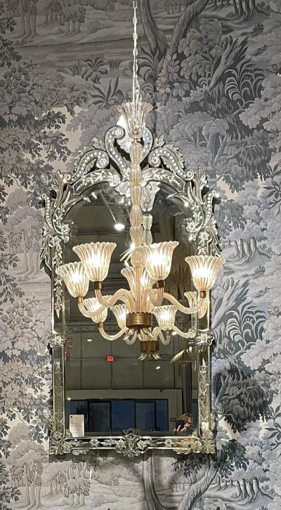 Large 19th c Venetian Reverse Etched Mirror with Original Beveled Mirror Plate