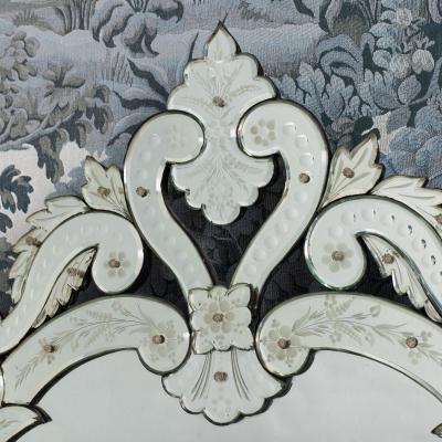 Large 19th c Venetian Reverse Etched Mirror with Original Beveled Mirror Plate