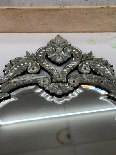 Large 19th c Venetian Reverse Etched Mirror with Original Beveled Mirror Plate