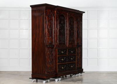 Large 19thC English Breakfront Mahogany Carved Linen Press