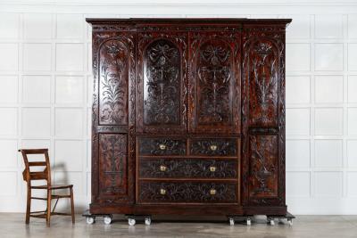 Large 19thC English Breakfront Mahogany Carved Linen Press