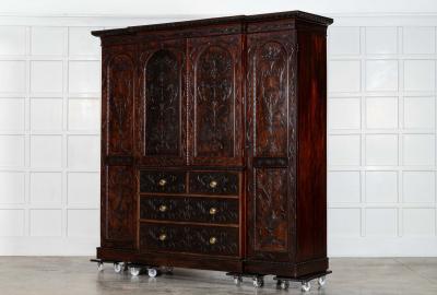 Large 19thC English Breakfront Mahogany Carved Linen Press