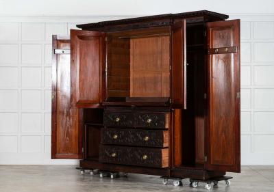 Large 19thC English Breakfront Mahogany Carved Linen Press