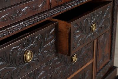 Large 19thC English Breakfront Mahogany Carved Linen Press